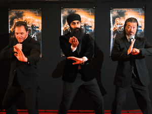 Flex Singh with co-stars Marty Mummery (left) and Richard Chan (right) at the red-carpet event for The Ninth Master