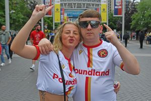 Walsall fans soak up the atmosphere on Wembley way before the kick off of the League Two play-off final
