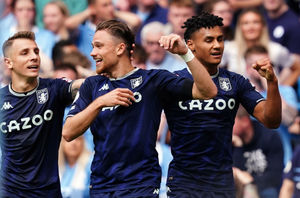 Aston Villa's Matty Cash (centre) celebrates scoring the opening goal goal of the game during the Premier League match at The Etihad Stadium, Manchester. Picture date: Sunday May 22, 2022. PA Photo. See PA story SOCCER Man City. Photo credit should read: Martin Rickett/PA Wire...RESTRICTIONS: EDITORIAL USE ONLY No use with unauthorised audio, video, data, fixture lists, club/league logos or "live" services. Online in-match use limited to 120 images, no video emulation. No use in betting, games or single club/league/player publications..