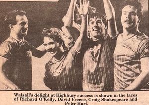 Richard O'Kelly, David Preece, Craig Shakespeare and Peter Hart celebrate victory at full-time.