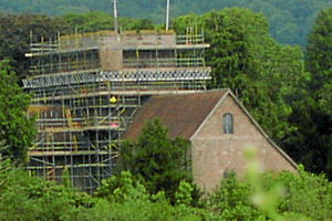 The church covered in scaffolding