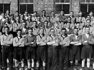  The caption on the back is ripped but reads: 'Back row: (name missing) (trainer), Sidlow, Keeley, Sellars, Statham, Morris, Shield, Scott, Clayton, Wright, C Spiers (assistant trainer). (then word or two missing): Halford, Brown, Moore, Bird. Third row: Bracegirdle, Smalley, Wharton, Thompson, Cottam, Davies, Gardiner (then at least one name missing), ... is, Galley. Fourth row: Dowen, Taylor (J), Taylor (F), Paton, Lovery, Maguire, Kirkham. Front (then word or two missing)...t, Dorsett, Jones (Bertram), Howshall, Jones (E), Ashall, Jones (Bryn), Elliott, Brook, Ordish.' 