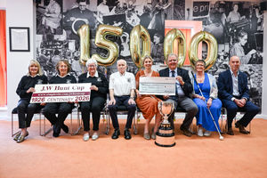 (L-R)Helga Wernick; Jackie Lewis ; Sylvia Enefer; Alex Hamil all from the JW Hunt Cup committee;  Lisa Cowley (Beacon Centre); John Gough (Goug