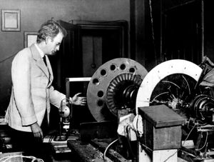 John Logie Barid showing the apparatus with which the world's first successful demonstrations of instantaneous, living, moving scenes by wire and wireless were made