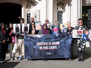 Supporters outside court, including Lanre Haastrup, the father of Isaiah Haastrup; and Aliya Abbasi and Rashid Abbasi, the parents of Zainab Abbasi