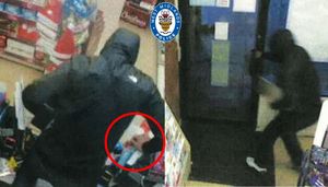 Andrew Oseman left a partial print as he jumped over the shop counter (circled) and fled with the till (right)