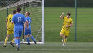 Action from Ellesmere Rangers' (yellow) 3-0 victory at Shrewsbury Up & Comers on Saturday. Ellesmere hat-trick hero Louie Millington celebrates