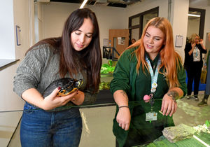 BBC wildlife presenter Megan McCubbin officially opened  the new £7 million animal study centre at Dudley College. Here she views one  one of the turtles with tutor Georgia Callagan.