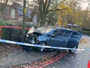 The crashed Vauxhall Corsa in Park Road, Bloxwich