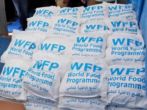 A stack of food parcels provided by the World Food Programme