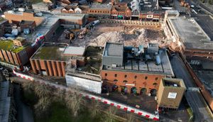 Aerial pics over the demolition of Cannock Shopping Centre, next to the Prince of Wales Theatre.