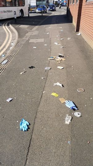 Scattered rubbish in Wednesbury including surgical gloves