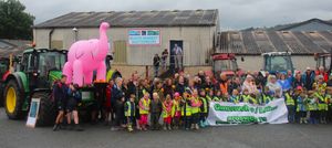 The assembled school children, YFC members and tractor drivers at Builth Market  