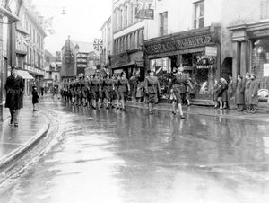 A WAAF contingent from RAF camps in and around Oswestry on VE parade through the town on May 8, 1945. Fourth from back on left hand column is Doris Clarke, a radio operator stationed at RAF Rednal.