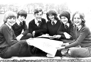 'BBC television stars of Ludlow School, from left, Adrian Smith, expedition leader Ted Fathers, Richard Handy, Beverley Treacy, Alison Bywater, and Sarah Linton.' June 13, 1979, the accompanying story began: 'A group of South Shropshire schoolchildren are going on a hike this week for the BBC. Six pupils from Ludlow School will be clambering over the Long Mynd while being filmed for a TV programme called We're Going Places.'