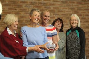 The winning Skittles Team - Doveside WI  - with Mary Cooke and the trophy