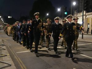 Members of the armed forces during a procession rehearsal in preparation for the VE Day 80th anniversary