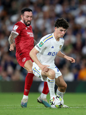 Leeds United's Leeds United's Archie Gray (right) and Shrewsbury Town's Ryan Bowman 