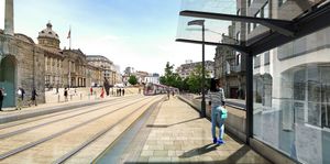 An artist’s impression of West Midlands Metro calling at a new Metro stop in Victoria Square