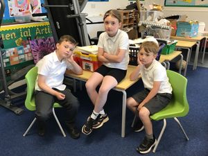St Bart’s pupils (from left) Finley Pugh, yr 3, Grace Dean, yr 5 and Lucas Dean, yr 2, in the spare room earmarked for their gym

