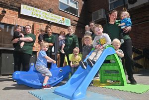 Staff and children at Nurture & Grow. Pictured front, from left: Ronnie, two; Lucas, two; Maeve, three; Hunter, three; Ollie, one. Pictured back, from left: Emily, two, and Hayley Dwyer; Hugo, three. and Debbie Woolley; Margo, one, and Natasha Stanford; Ollie, one, and Amber Walters; nursery manager Amanda Rawlings-Higgins with Ryleigh, one. Photo: Steve Leath