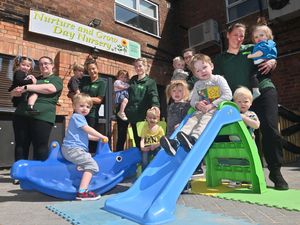 Staff and children at Nurture & Grow. Pictured front, from left: Ronnie, two; Lucas, two; Maeve, three; Hunter, three; Ollie, one. Pictured back, from left: Emily, two, and Hayley Dwyer; Hugo, three. and Debbie Woolley; Margo, one, and Natasha Stanford; Ollie, one, and Amber Walters; nursery manager Amanda Rawlings-Higgins with Ryleigh, one. Photo: Steve Leath