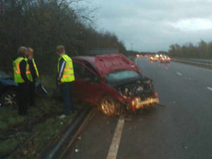 Supporting image for story: Pictures: Two cars left wrecked after crash on A5 near Telford in chaotic morning on the roads