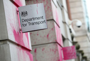 Anti-HS2 protesters covered the Department for Transport in pink paint
