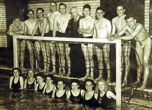 Picture from 1948 showing the Wolverhampton and Heath Town swimming club members about to head off to Tilburg in Holland for a swimming and water polo competition. Peter Holmes is 3rd from the right on the back row.