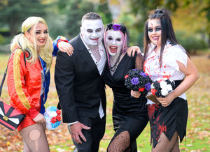 Angela Lloyd and Wayne Boycott, from Burntwood, who decided to have a Halloween wedding in full costume, including the guests. Pictured with bridesmaids Wayne's daughter Shannon Boycott and Angela's daughter Chanelle Lloyd.