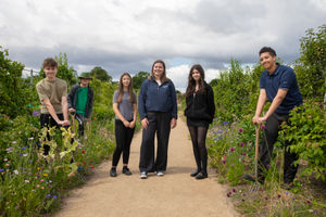 1. School pupils taking part in work experience at Attingham Park: Pictured (Centre) is Georgia Thomas of Anwyl Homes with pupils (L/R) Marcel, Matthew, Chloe, Myah and Luke