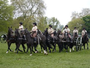 Members of The King’s Troop, Royal Horse Artillery rehearse at Woolwich Garrison