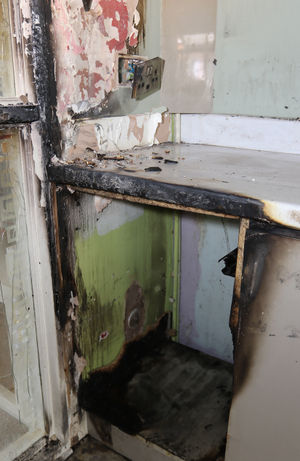 The fire damage in the kitchen