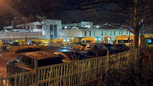 Numerous ambulances parked at Russells Hall Hospital on Tuesday night