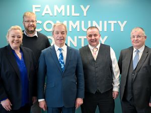 The four Powys County Councill members - Councillor Claire Johnson-Wood, Councillor Karl Lewis, Nigel Farage MP, Leader of Reform UK, Councillor Geoff Morgan and Councillor Iain McIntosh