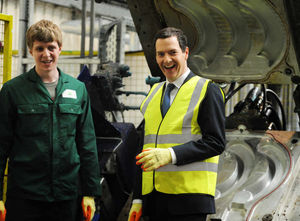 George Osborne with apprentice Chris Hamblett-Jones, during a visit to Westley Plastics Ltd