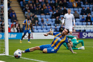 Ryan Bowman of Shrewsbury Town misses a chance to score..