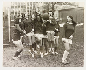 GPO Girls’ Football Team in 1973.The photograph shows Lesley Pearce, Ruby Lloyd, Carol Ward, Ann Rutter, Janice Wilkiss, Janice Stevenson, Linda Morgan, Gillian Fern and Susan Pritchard at training.