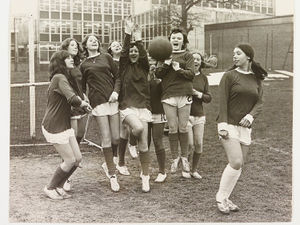 GPO Girls’ Football Team in 1973.The photograph shows Lesley Pearce, Ruby Lloyd, Carol Ward, Ann Rutter, Janice Wilkiss, Janice Stevenson, Linda Morgan, Gillian Fern and Susan Pritchard at training.