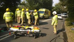 Fire crews and paramedics at the Cookley crash. Pic: @wmasrobmarsh