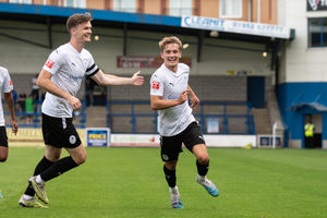 Ty Webster (AFC Telford United Midfielder) celebrates scoring a free kick to make it 5-0 (Kieren Griffin)