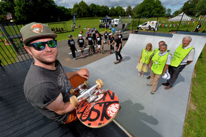 Pic at Church Stretton at the opening of the new skate park with Tom Rochester, and Rotarians: Peter Burt, David Crowhurst and David & Moira Mathews on the ramp