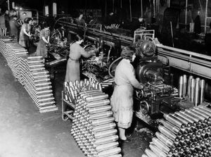 The Chatwood Safe Company Ltd, Harlescott, Shrewsbury. During the war, and before too, it was engaged in war work. This picture taken at the works was shared by Robert Faulconbridge, who said there was a 'shadow factory' doing war work within the factory. His caption to this photo is: 'Young women manufacturing 25-pounder shells in the new shell bay, circa 1942 to 1945.' 