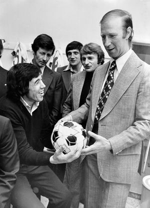 Gordon Banks, seated left, pictured in the Bucks Head dressing room for the centenary of Telford United in 1976. Also pictured are Roger Hunt, Norman Hunter, referee Bert Newsom and Jack Charlton, right