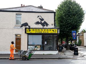 Supporting image for story: Fifth Banksy artwork of week depicts pelicans pinching fish from chip shop