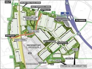 A map showing the proposed freight hub next to the M6, A449 and A5