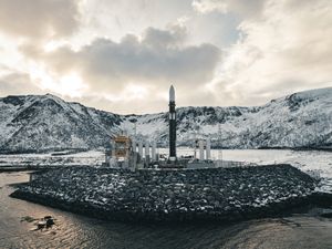 Isar Aerospace launch vehicle Spectrum stands on a launchpad at Andoya Spaceport in Nordmela, on Andoya island, Norway