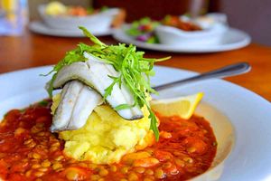 Fishy in a dishy – the sea bass cassoulet with lentils and mash