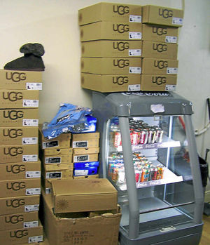 Boxes of Ugg boots stacked up