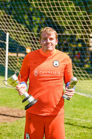 Tom Dyas with the silverware after winning Shrewsbury Sunday League division one with Lokomotiv Reabrook in 2022